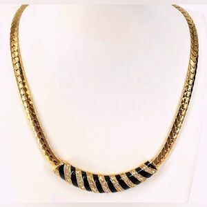 Vintage Swarovski Crystal and Black Enamel Gold-Tone Necklace, 16”, EUC!